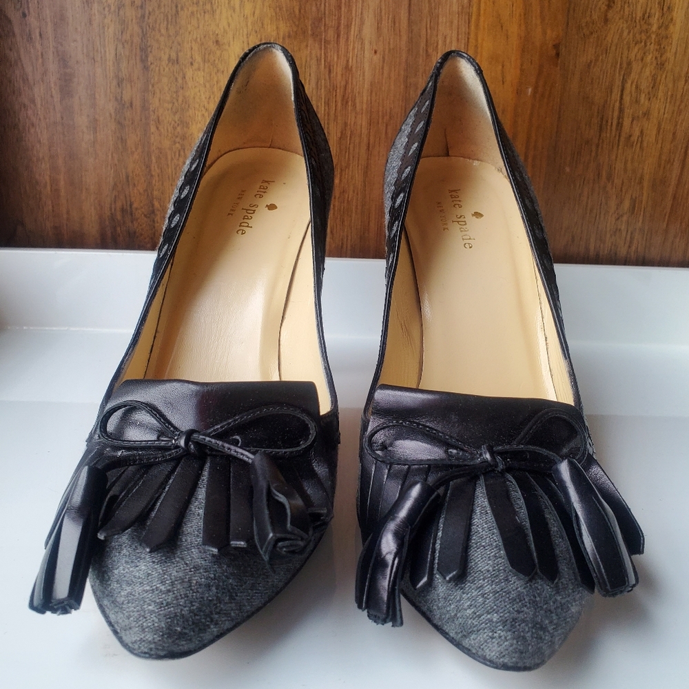Kate Spade Deanna Gray Flannel and Black Calfskin Pumps - Picture 3 of 11